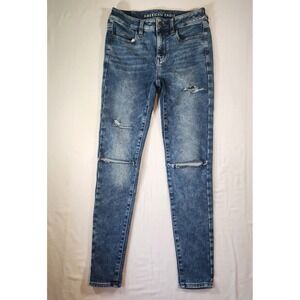 American Eagle Hi-Rise Jegging Womens 2 Regular Blue Distressed Super Stretch